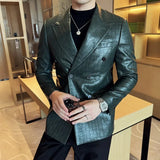 Bonsir High Quality Square Grid Double Breasted Leather Jacket Fashion Business Slim Fit Casual Men Suit Blazer Tuxedos Men Clothing