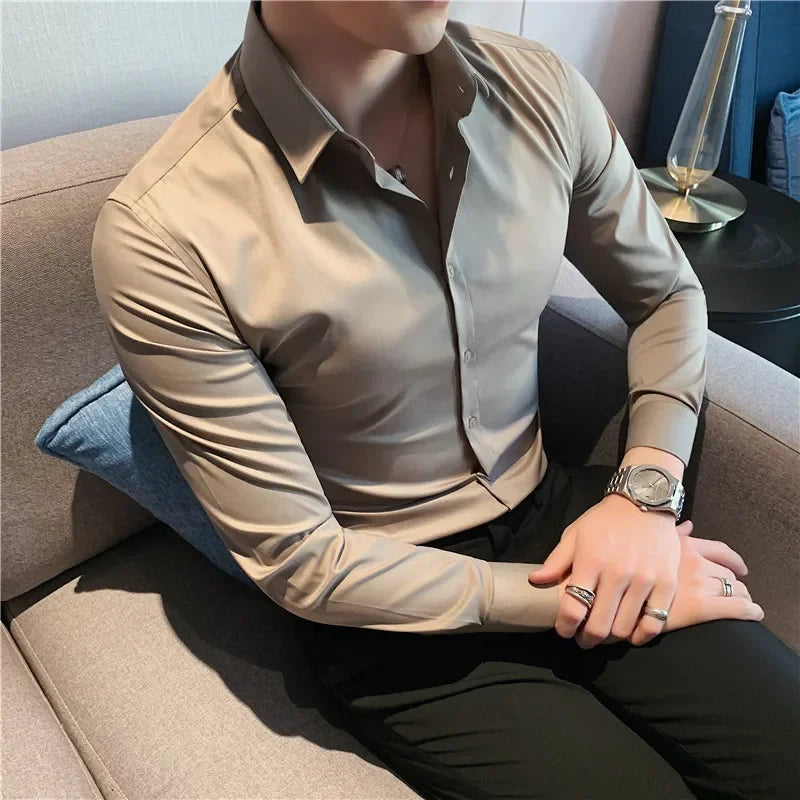 Bonsir 9 Colors High Quality Men Shirt Autumn New Long Sleeve Solid Business Slim Fit Shirts Homme Dress Social Casual Shirt 4XL-M