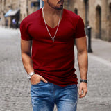 BONSIR  -  New Cotton Men T-shirt V-neck Fashion Design Slim Fit Soild T-shirts Male Tops Tees Short Sleeve T Shirt For Men