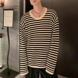 Bonsir Spring and Autumn Mens Y2K Retro Crochet Knitting Niche Stripe Design Hollow Long-sleeved Sweater Men's Round Neck Casual Tops