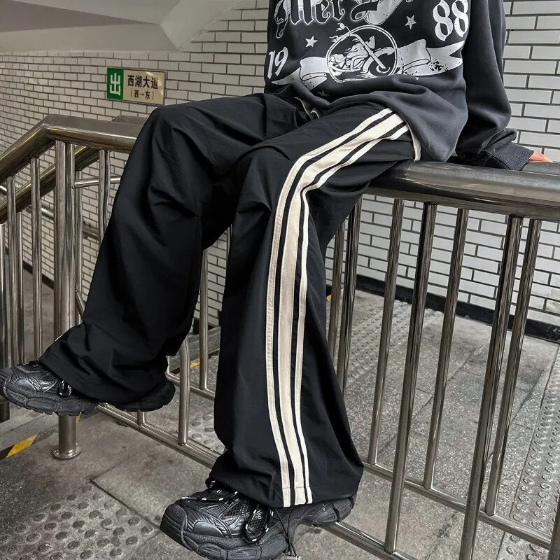 Bonsir Wide Leg Pants Men Loose Fit Track Pants Male Side Striped Jogger Trousers Unisex Elastic Waist Wide Leg Pants  Plus Size