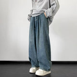 BONSIR  -  Retro Japanese Sle Dstring Loose Waist Denim Jeans for Men High Street Wide Leg Pants Youthful Trendy Long Trousers