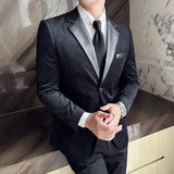 Bonsir Spliced Leather Collar Flannel Texture Suit Coat Autumn Winter Men Slim Fit Business Thick Striped Wedding Suits Men's Clothing