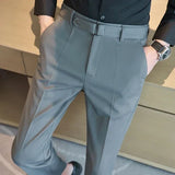 Bonsir Dark stripe Men Formal Trousers 2024 New Fashion Belt Design Man Dress Pants Simple Slim Business Casual Suit Pant Plus Size 38