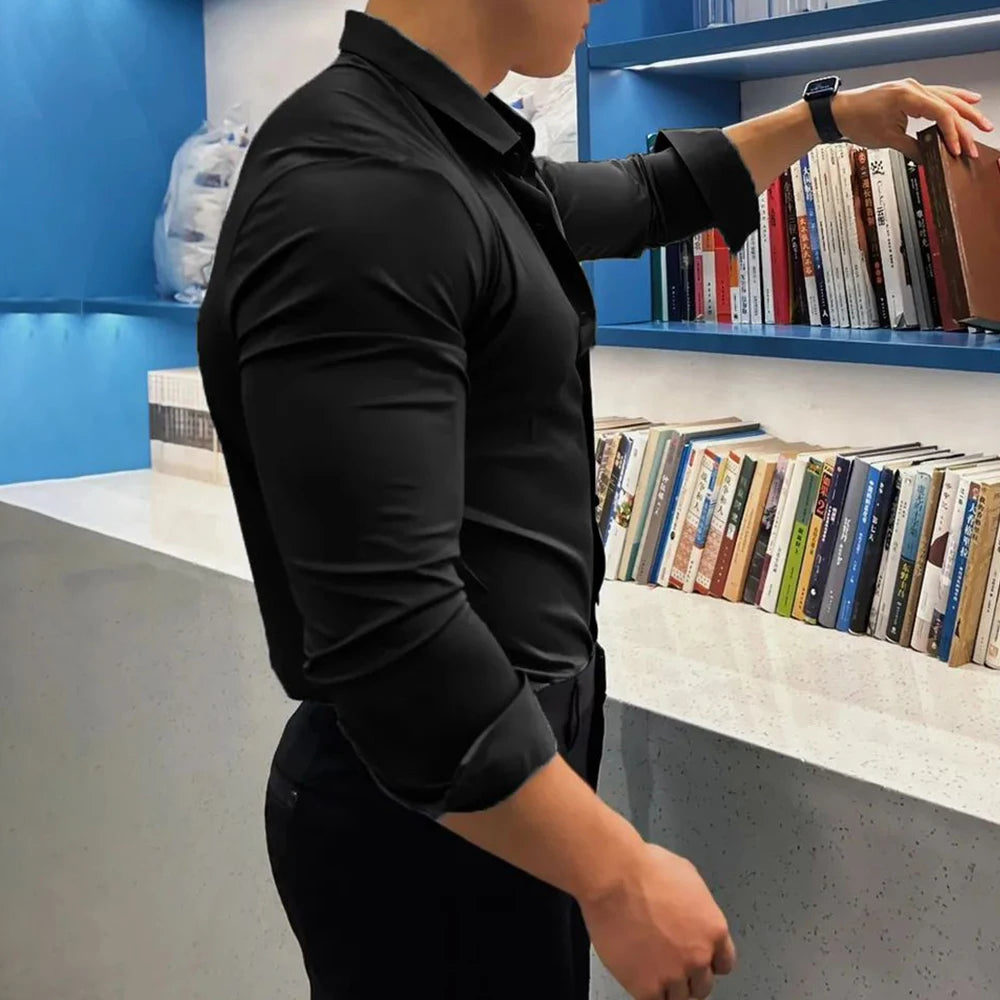 Bonsir Mens Shaping Slim Casual Long Sleeve Shirt 2024 New Genderless Fashion Trend Tight British Solid Color Versatile Shirt Unisex