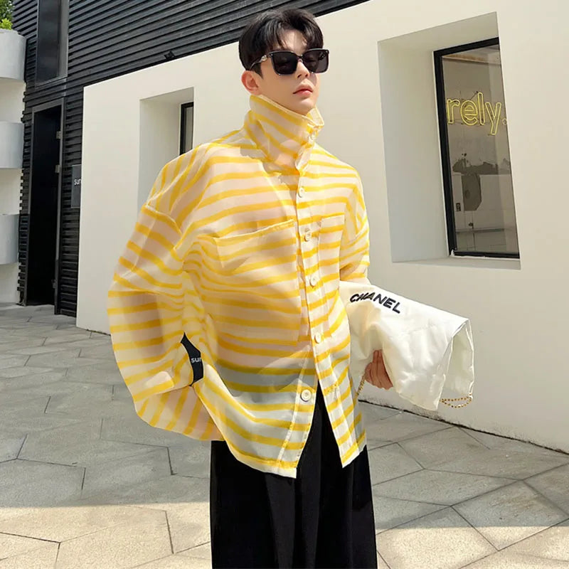 Bonsir 2024 Spring Summer Stylish Loose Stripe Translucent Design Casual Shirt Jacket Men's Sunscreen Clothes Tops Beach