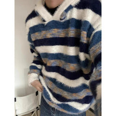 Bonsir American retro contrasting blue white striped hooded sweater casual lazy style knitted sweater top