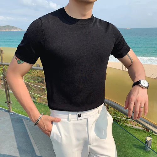 Bonsir British Style Summer Ice Silk Short Sleeve Knitted T Shirts Men Simple Pure Color O-Neck Casual Slim Tee Shirt Top Homme M-3XL