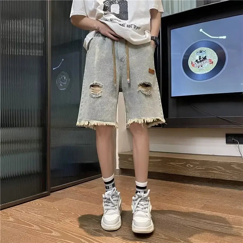 Bonsir Harajuku Trendy Youth Fashion Ins Men's Denim Shorts Artistic Holeed Loose-fit New Style Summer Season Other Pattern