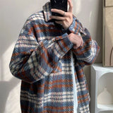 Bonsir New Fashion Men Plaid Shirt Casual Loose Woolen Jacket Coat Long Sleeve Streetwear Hip Hop Trend Handsome Youth Lapel Y06