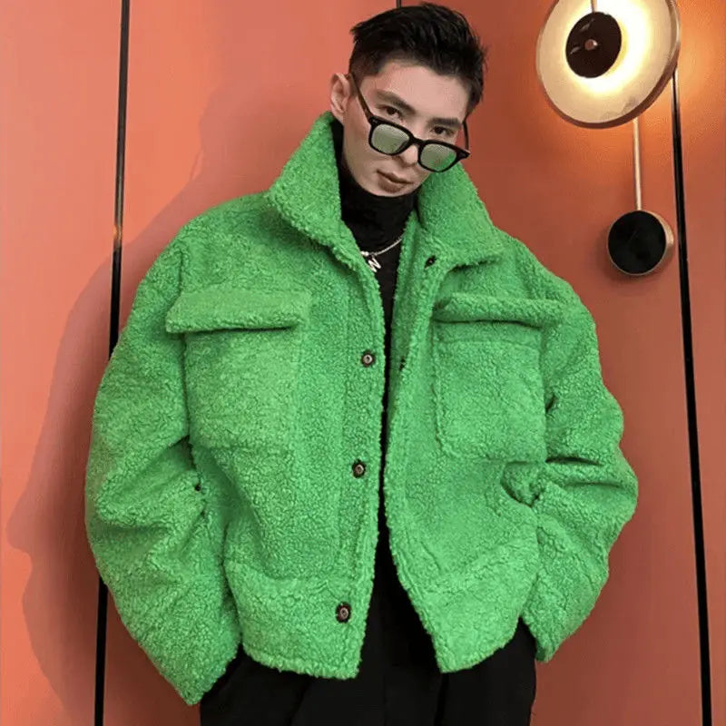 Bonsir Green Padded Winter Men's Jacket Fleece Lamb Wool Thickened Short Coat Male Y2K Top Plush Warm Korean Streetwear Hip Hop