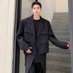 Bonsir Men Korean Slim Style Short Lapel Coat Suit Blazer Personality Threedimensional Pocket Solid Color Handsome Jacket