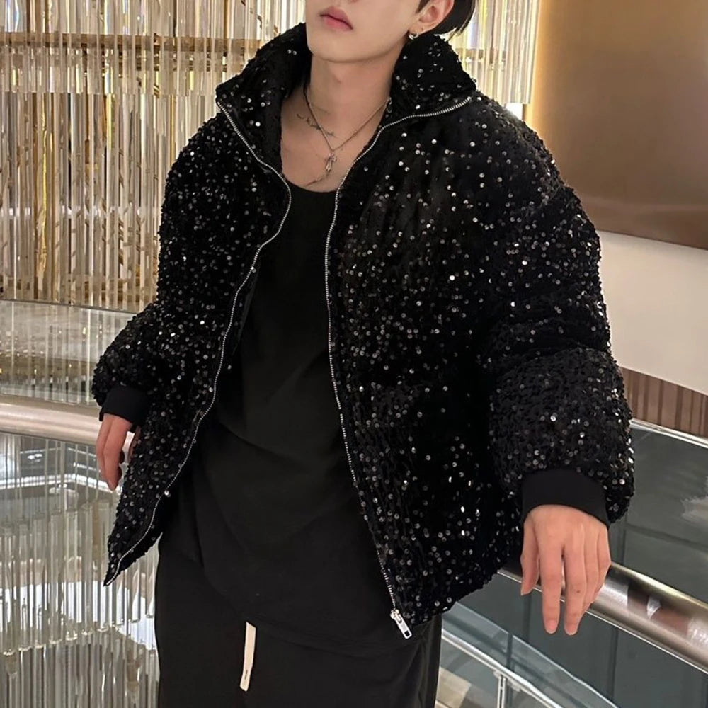 Bonsir Mens sequin casual jacket genderless 2024 new autumn winter fashion personality street trend youth thickened jacket unisex