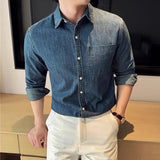 BONSIR  -  Autumn Spring Retro Popular Denim Shirt Men High Quality Pure Cotton Long Sleeve Men's Cowboy Shirts Casual One Pocket Jackets