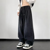 BONSIR  -  Retro Japanese Sle Dstring Loose Waist Denim Jeans for Men High Street Wide Leg Pants Youthful Trendy Long Trousers