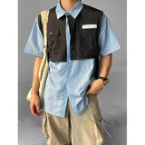 BONSIR  -  Fake Two Pieces Summer New Men's Turn-down Collar Button Spliced Pockets Striped Letter Shirt Short Sleeve Trendy Loose Tops