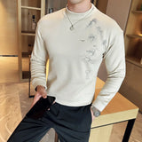 Bonsir Ink Painting Printed T-shirt Men's Autumn Winter Half High Collar Velvet Slim Fit Long Sleeve Tee Warm Casual Base Inner TShirts