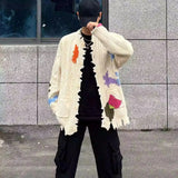 Bonsir Mens Sweater Graffiti Contrast Color Ripped Casual Knit Sweater Autumn Fashion Streetwear Versatile Long-Sleeved Top Men'S Wear
