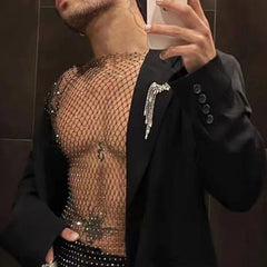 Bonsir New Flash Diamond Hollow Vest Mesh Navel-Baring Vest Mens Sexy Fishnet Perspective Trendy Nightclub Lgbt Sexy Underwear