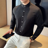 Bonsir Stand-up Collar Long Sleeved Shirt High Quality Men High-end Elastic seersucker Slim Fit Casual Social Party Shirts