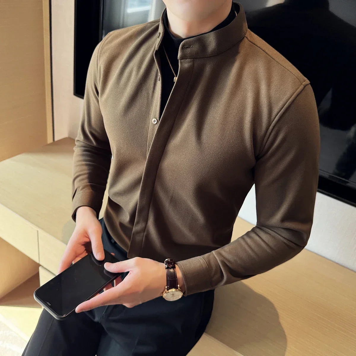 Bonsir Autumn Winter Fake 2-Piece Stand-up Collar Warm Shirt High Quality Thickened Woolen Men Business Slim Fit Casual Shirt 4XL-M