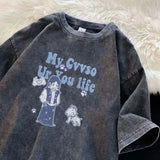 BONSIR  -  Summer New Harajuku Butterfly Print Grunge T-shirts Loose Fashion Streetwea Crop Tops Women Y2k Aesthetic Casual Drawstring Tees