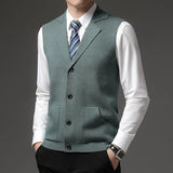 Bonsir Spring New Fashion Golden Velvet Men's Knitted Vest Solid Suit Collar Button Patchwork Pockets Smart Casual Warm Sleeveless Top