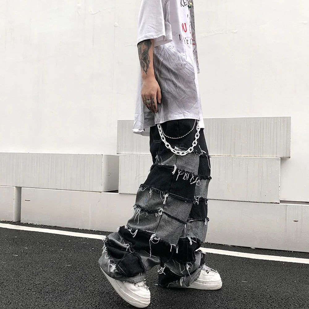 Bonsir Grunge Clothes Ripped Jeans Men Streetwear Casual New Fashion Trousers Wide Leg Street Autumn Winter Punk Distressed Denim Pants