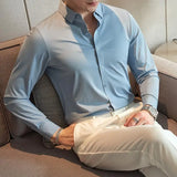 Bonsir New High Quality No Trace Ice Silk Long Sleeve Elastic Shirts Men Formal Business Slim Fit Solid Casual Shirt Tuxedo 4XL-M