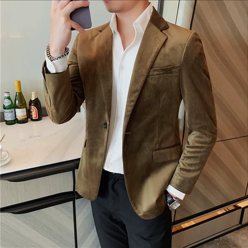 Bonsir Autumn Velvet Blazers Jacket Solid Color Casual Slim Fit Business Suit Coat High Quality Fashion Men Wedding Social Tuxedo