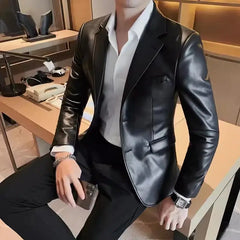 Bonsir Men's Leather Jacket Autumn Highend Fashion Solid Slim Fit Business Blazers Coats Korean Casual PU Leather Suit Tuxedo