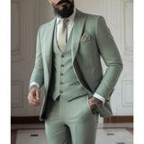 Bonsir Sage Green Men's Slim Fit 3 Piece Suits (Jacket+Vest+Pant) Wedding Groom Tuxedos Prom Formal Male Party Blazers