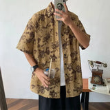 BONSIR  -  Japanese Retro Men Shirt Hong Kong Style Floral Male Short Sleeved Blouse Summer Loose Collar Tie Design Cardigan Blusas