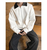 BONSIR  -  Fall Short-Length Bomber | American Retro Shacket W/ PU-Leather Collar - Relaxed Plus Sizing M-5XL