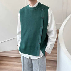 Bonsir Men's Knitted Vest Green Sweaters Male O-Neck Buttons Slit Waistcoat Harajuku High Quality Korean Fashion Casual New in Smooth