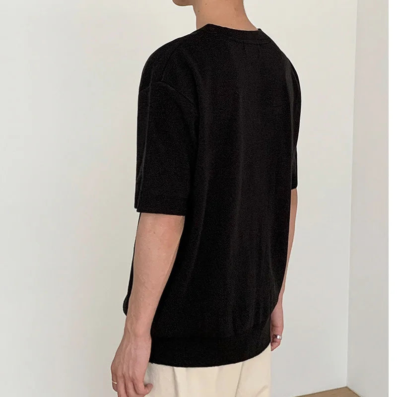 Bonsir -  Silk Ice Short Sleeve T-shirt Men's Cardigan Loose Korean Casual T-shirts Summer Thin V Collar Single Breasted Tops 2Y8222