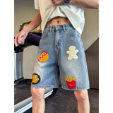 BONSIR  -  Retro hamburger fries towel embroidered denim shorts for men and women loose summer new straight wide-leg five-point trousers