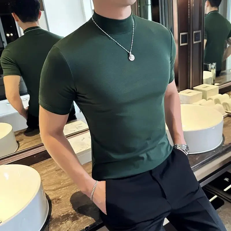 Bonsir Autumn Winter Men's Half High Neck Short Sleeve T-shirt Korean Slim Fit Solid Color Bottom Shirt Casual Cotton Elastic T-shirts