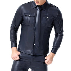 Bonsir Fashion Black Faux Leather Men Oversize Fitness Shirts Long Sleeves Pocket PU Metal Fastener Tops Tees Sexy Slim Fit Sexy Shirt