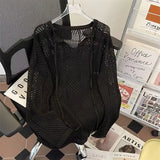 BONSIR  -  Men V-neck Long Sleeve Knit Shirts Loose Elastic Hollow knit Sweater T-shirt Slightly Transparent Knitted Sweaters Streetwear