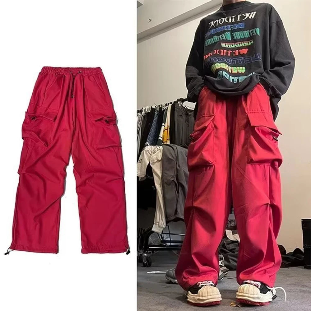 Bonsir Black Cargo Pants for Men Hip Hop Gray Cargo Trousers Male Red Spring Cotton Loose Casual Streetwear Hip Hop Pocket