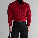 BONSIR  -  Burgundy thin corduroy shirt men's flip double patch pocket high-end mature long-sleeved red shirt men Autumn clothes