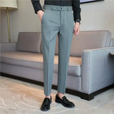 Bonsir Dark stripe Men Formal Trousers 2024 New Fashion Belt Design Man Dress Pants Simple Slim Business Casual Suit Pant Plus Size 38