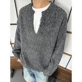 BONSIR  -  Korean version solid color v-neck sweater men's winter gray high-end loose casual lazy versatile knitted top