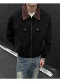BONSIR  -  American Style Men Jacket Contrast Color Turn-down Collar Patchwork Washing New Autumn Silhouette Loose Male Coat 24K5356