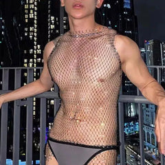 Bonsir New Flash Diamond Hollow Vest Mesh Navel-Baring Vest Mens Sexy Fishnet Perspective Trendy Nightclub Lgbt Sexy Underwear