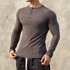 BONSIR  -  Casual Long Sleeve Solid T-shirt Gym Man Long Sleeve Henry Collar Shirt Muscle Men Elastic Ribbed Basic Tops Pullover Streetwear