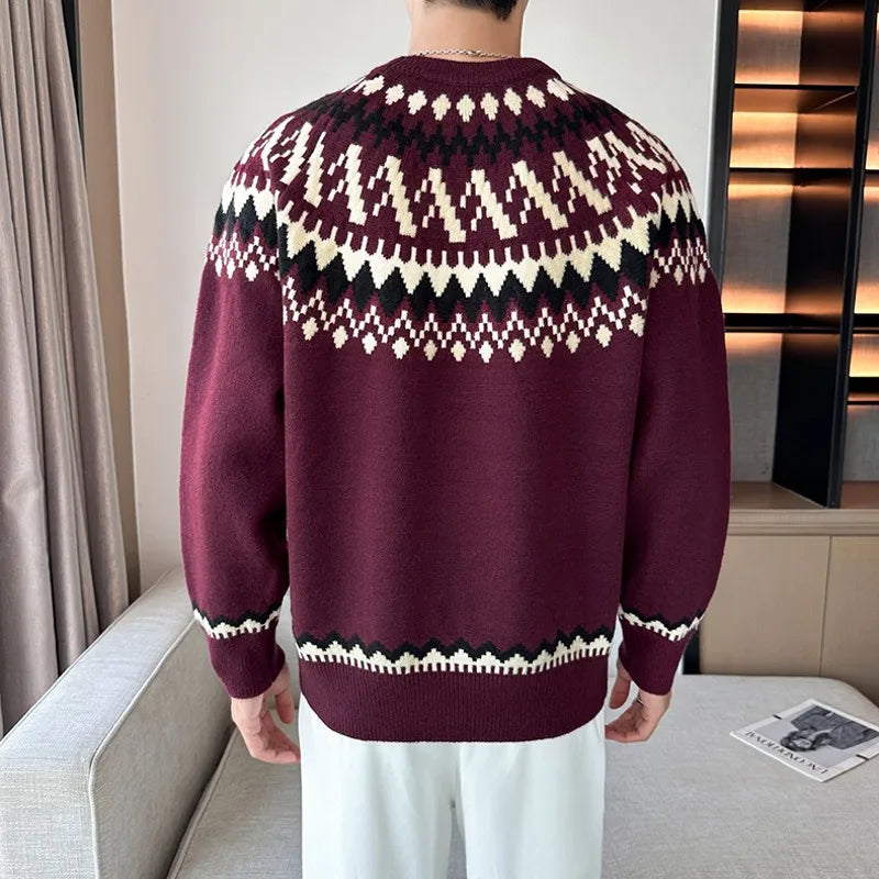 Bonsir National Style Mens Sweaters Fancy Graphics Contrast O-Neck Knitted Pullovers Autumn Winter Top Long Casual Jumper for Man