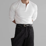 BONSIR  -  New American Fashion Men Henry Collar T-shirt Light Luxury Solid Color Long Sleeve Tops Leisure Light Business Basic Shirt M-3XL