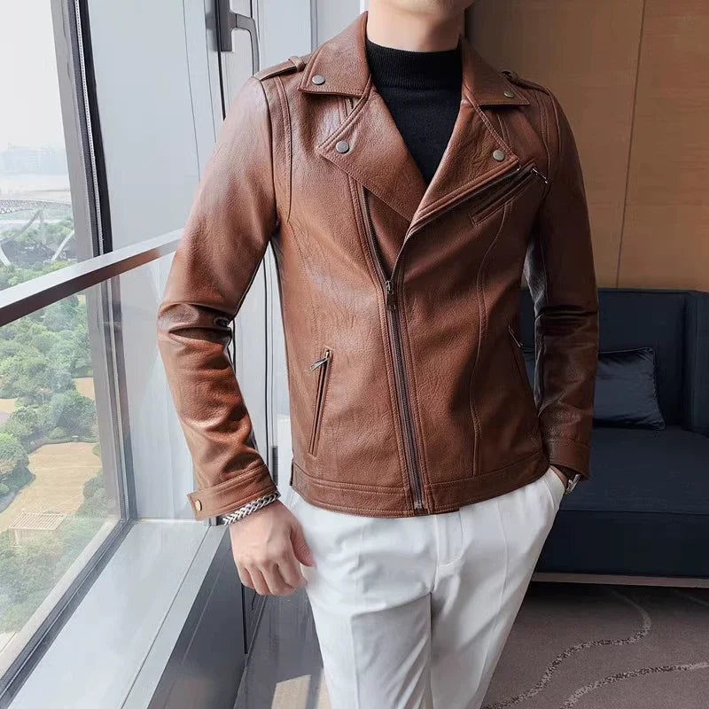 Bonsir Autumn New Oblique Zipper Leather Jacket Men Slim Fit Lapel Pu Leather Coat Streetwear Motorcycle Riding Uniform 3XL-M